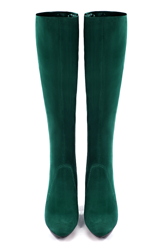 Forest green women's feminine knee-high boots. Tapered toe. Very high block heels. Made to measure. Top view - Florence KOOIJMAN
